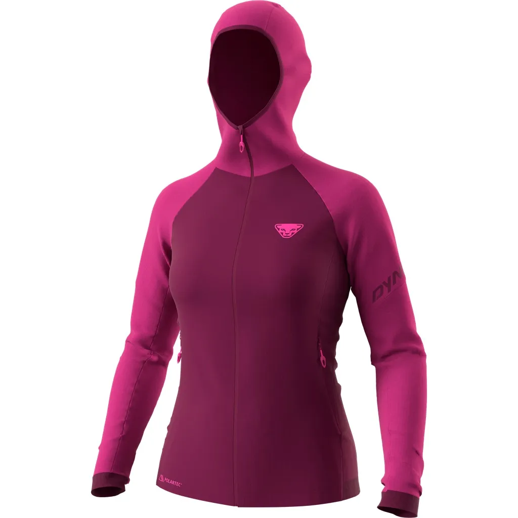Giacca con cappuccio da donna color fenicottero in pile Polartec® con zip a tutta lunghezza e cappuccio.