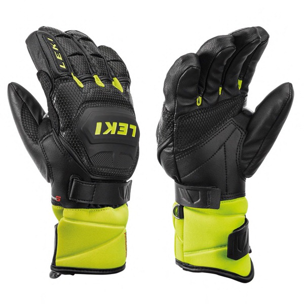 Zwei schwarze Leki Worldcup Race Flex S Junior Handschuhe mit gelben Akzenten.
