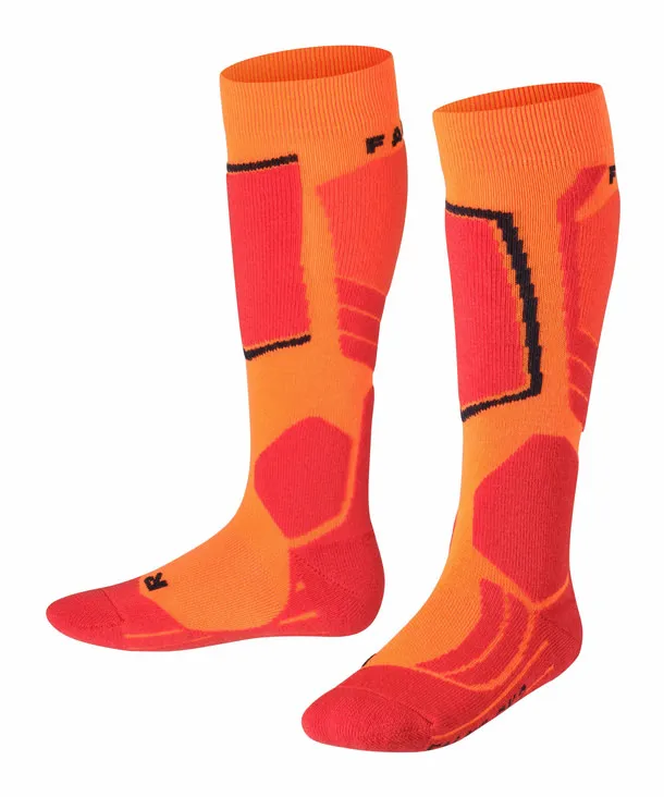 Orange-red Falke SK2 Kids Skiing knee-high socks with padding, front view.