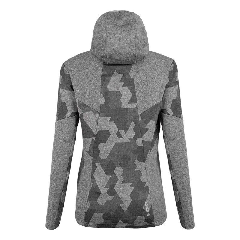 Graue Salewa Damen Kapuzenjacke, halber Reißverschluss, Merino, Rückansicht, geometrisches Muster.