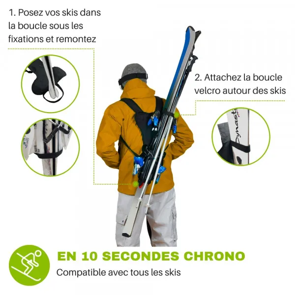 Personne avec des skis sur le dos, portée par le Skiback Cordura Light, gros plan.