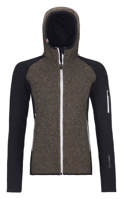 Hoody Fleece Jacke, gestrickt, mit Kapuze und durchgehendem, weißen Reißverschluss. Die Ärmel sind schwarz.