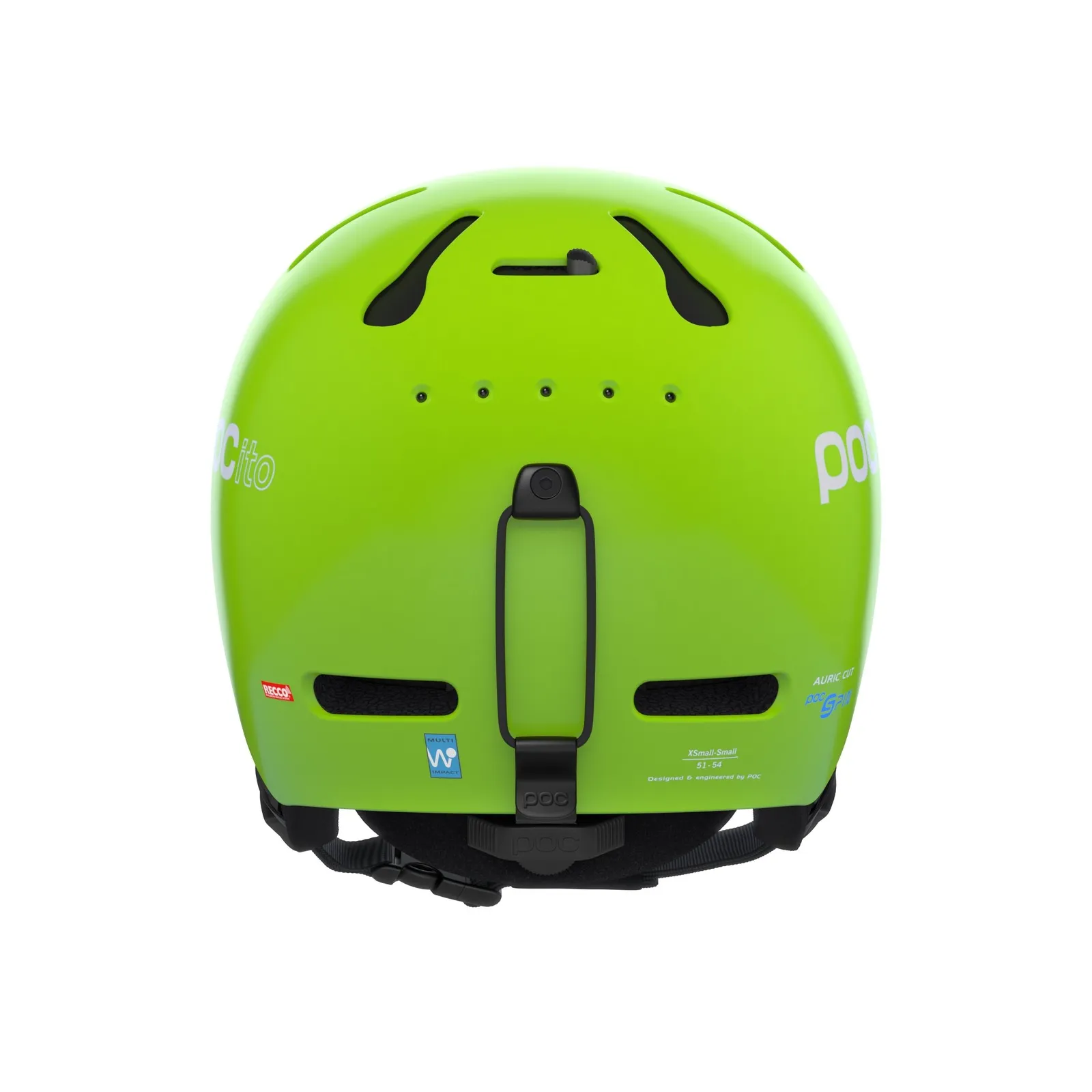 Casco da sci POC Pocito Auric Cut SPIN verde da dietro, con fori di ventilazione e loghi del marchio.