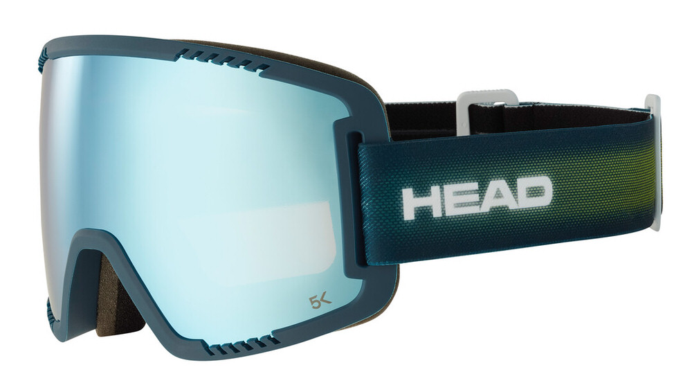 Blaue Head Contex Pro 5K Skibrille, seitliche Ansicht. Der Riemen ist dunkelblau mit gelbem Farbverlauf.