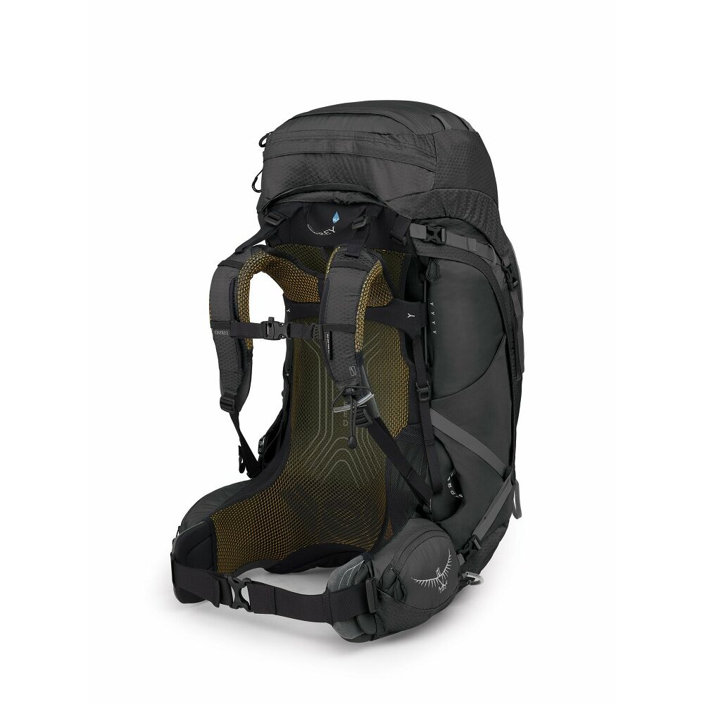Schwarzer Trekkingrucksack, von hinten links, mit belüftetem Rückenpanel aus gelb-grünem Netzstoff sowie ergonomisch geformten, gepolsterten Schultergurten und Hüftgurt. Verstellriemen, Schnallen und Osprey-Logo sichtbar.