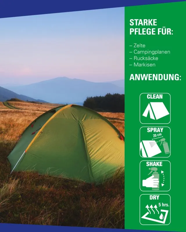 A green tent stands on a meadow in front of a mountain range. To the right are application symbols and text on the care of tents.