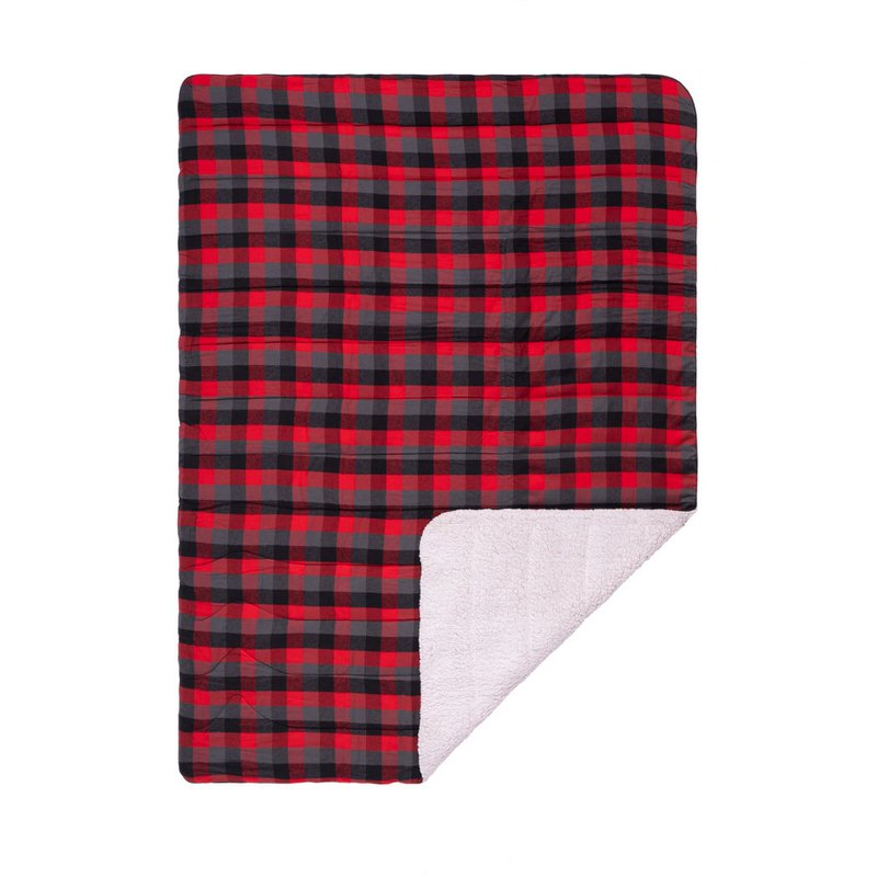 Buffalo Plaid Rumpl Sherpa Decke mit rotem und grauem Karomuster, weiches Sherpa-Fleece sichtbar.