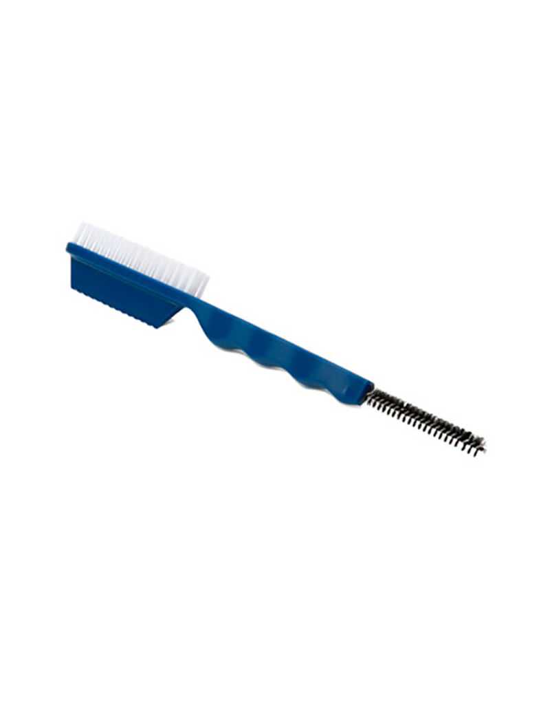 Brosse à ski bleue Pomoca avec tête de brosse blanche et petite brosse noire en spirale.