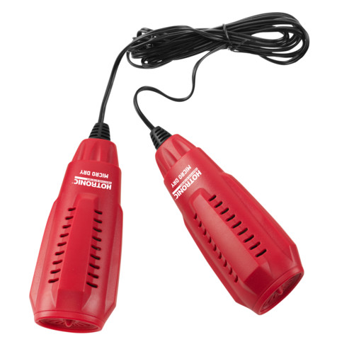 Zwei rote, elektronische Hotronic Micro Dry Schuh- und Stiefeltrockner mit schwarzem Kabel.