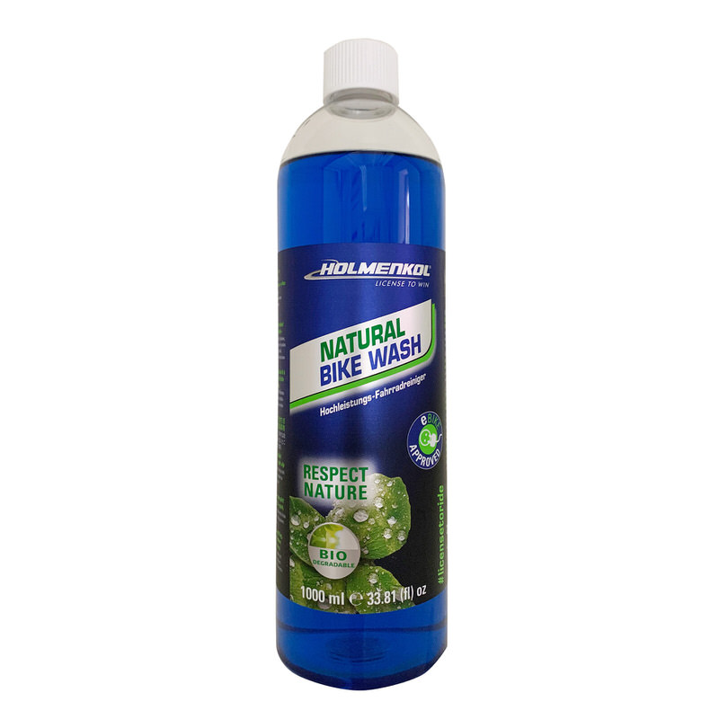 Blaue Flasche Holmenkol Natural Bike Wash, ein Hochleistungs-Fahrradreiniger für alle Rahmenmaterialien.
