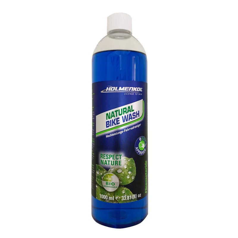 Blaue Flasche Holmenkol Natural Bike Wash, ein Hochleistungs-Fahrradreiniger für alle Rahmenmaterialien.