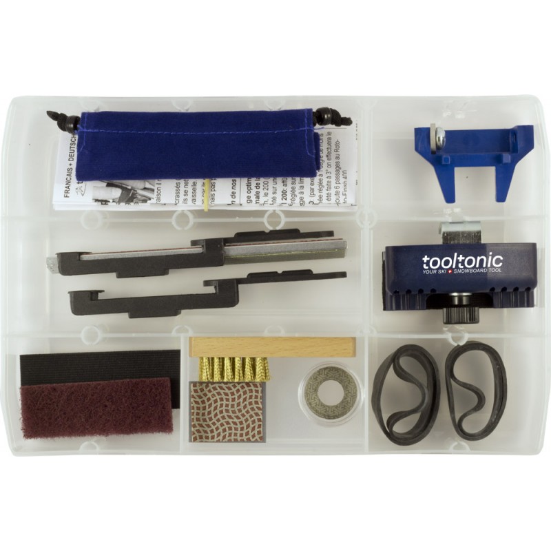 Tooltonic TBOX geöffnet: Werkzeug, Feile, Bürste, Gummis zur Ski- und Snowboard-Kantenpflege.