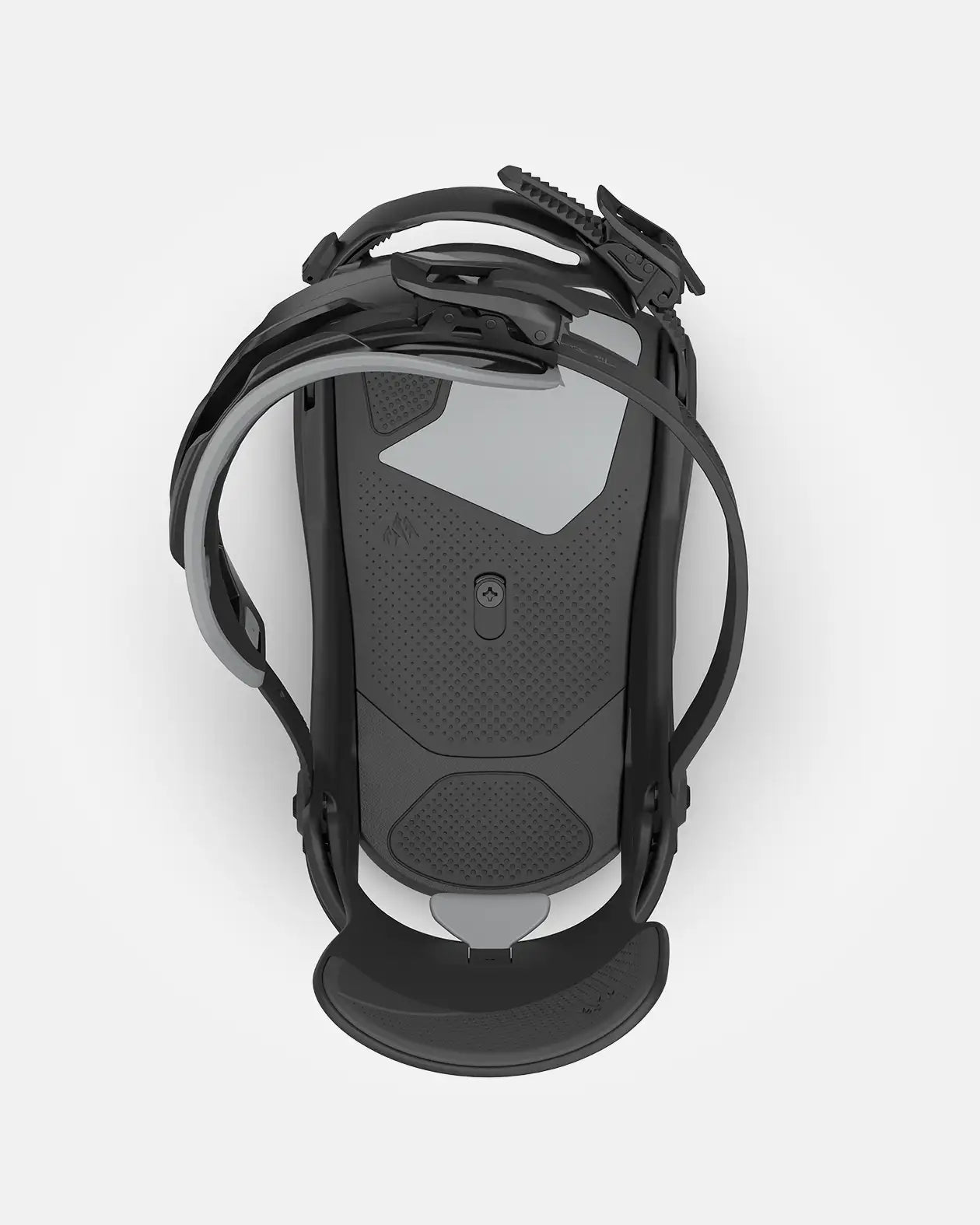 Schwarze Snowboardbindung Schwarze Snowboardbindung von oben mit grauen Akzenten und Befestigungsriemen auf weißem Hintergrund.