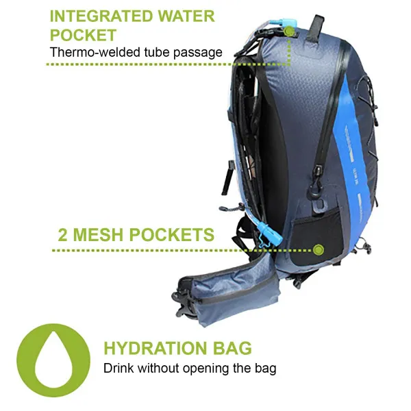 Gros plan sur un sac à dos bleu étanche de 35L avec système d'hydratation, y compris les détails des compartiments et de la poche à eau.