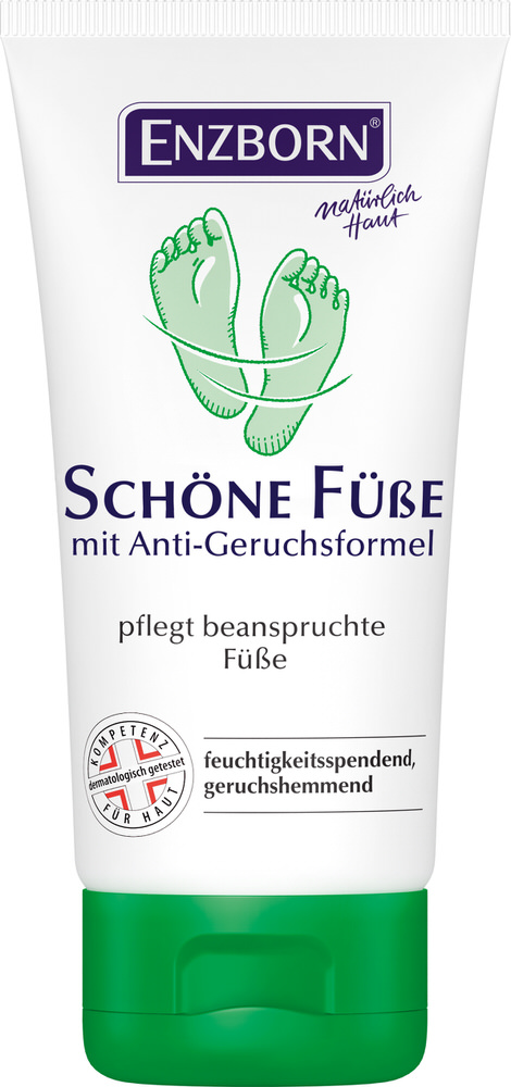 Tube Schöne Füsse Creme-Gel mit zwei Füßen als Logo, Text: pflegt beanspruchte Füsse.