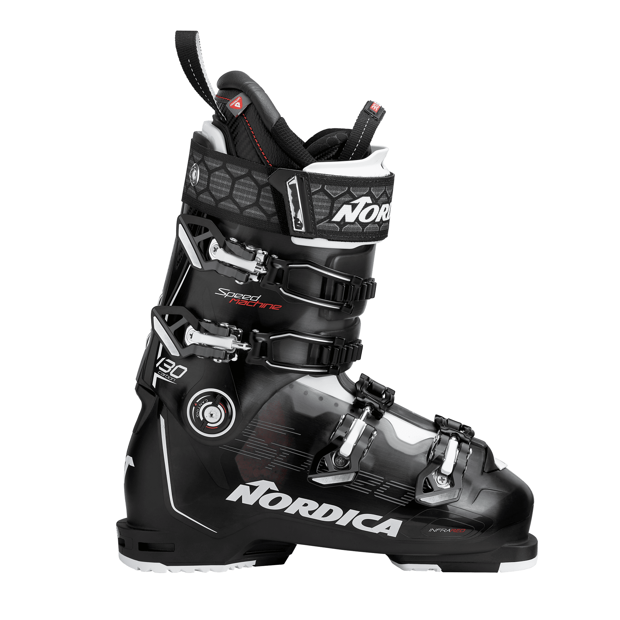 Schwarzer Ski-Schuh Nordica Speedmachine 130 Carbon von der Seite, mit silbernen Schnallen und weißer Innenschuh-Umrandung.