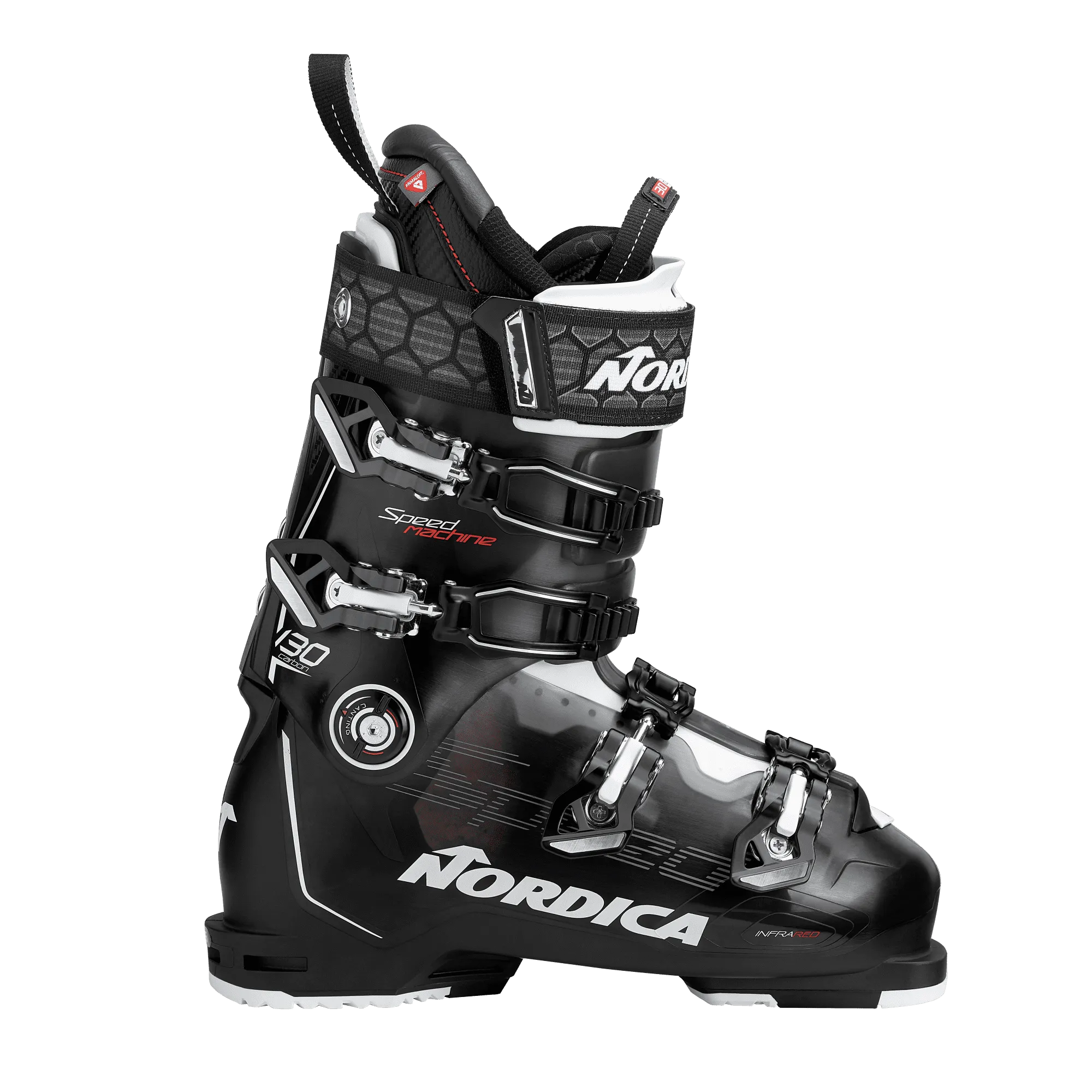 Schwarzer Ski-Schuh Nordica Speedmachine 130 Carbon von der Seite, mit silbernen Schnallen und weißer Innenschuh-Umrandung.