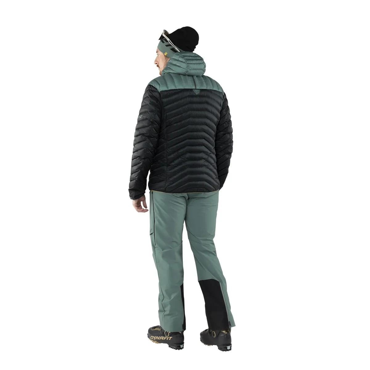 Vista posteriore: persona con piumino Dynafit Ridge Ultralight in nero e verde. Pantaloni da sci, cappello e scarponi da sci.