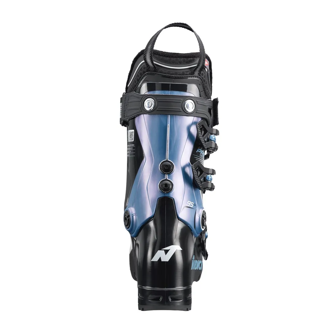 Rear view of the Nordica Promachine 95 W GW ski boot in black and blue with buckles and "N" logo.