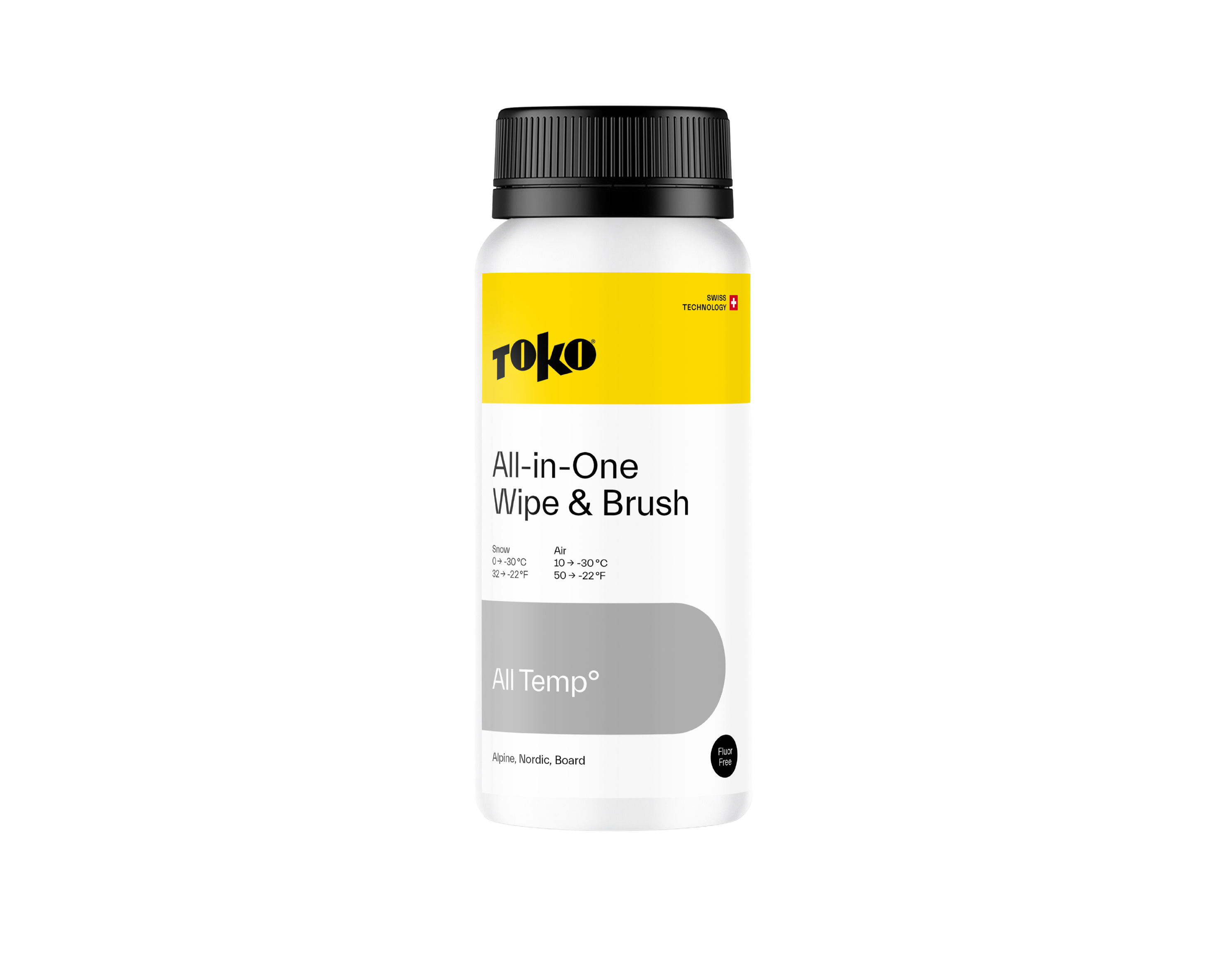 Weiße Flasche Toko All-in-One Wipe & Brush mit gelbem Etikett und schwarzem Verschluss.