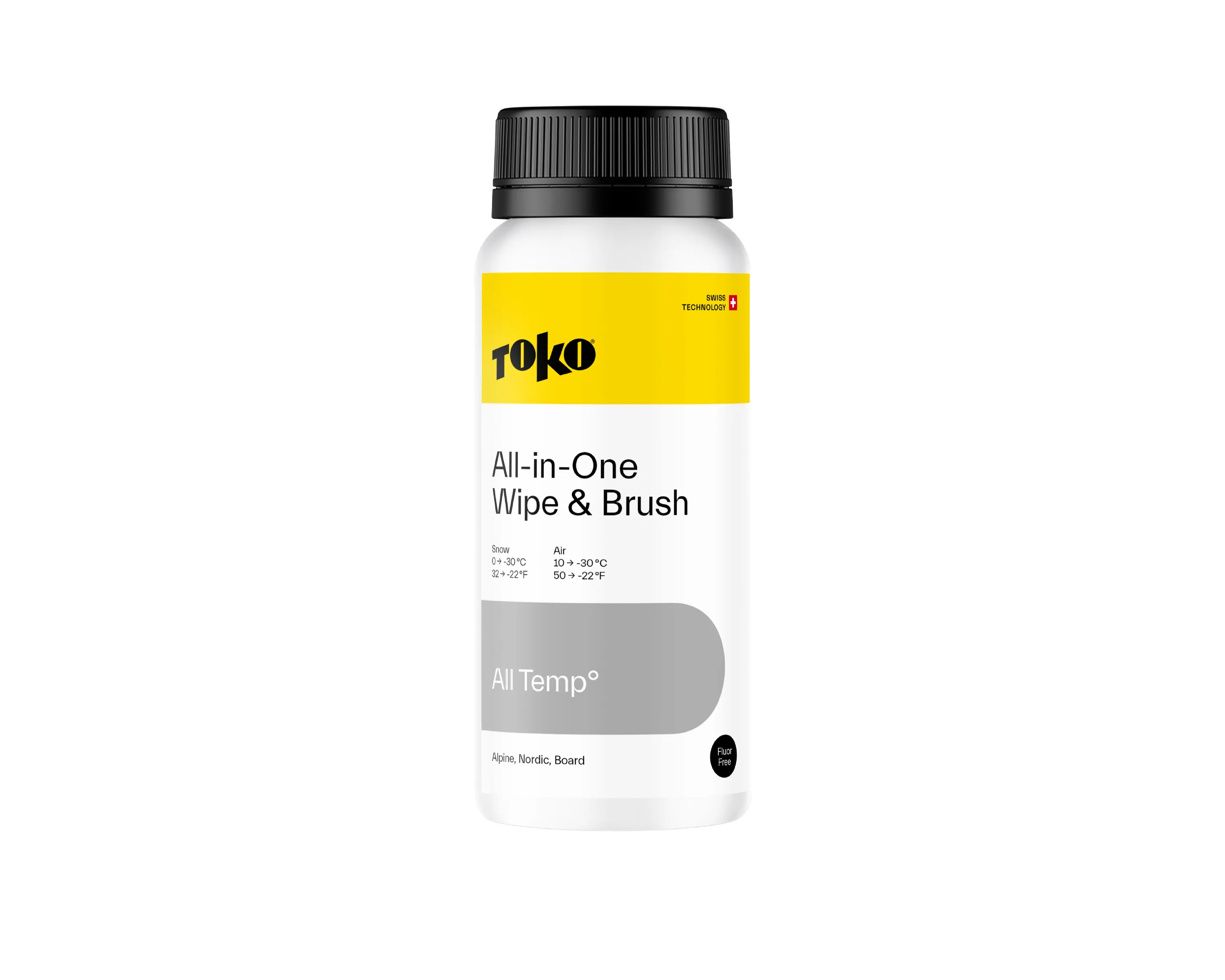 Weiße Flasche Toko All-in-One Wipe & Brush mit gelbem Etikett und schwarzem Verschluss.