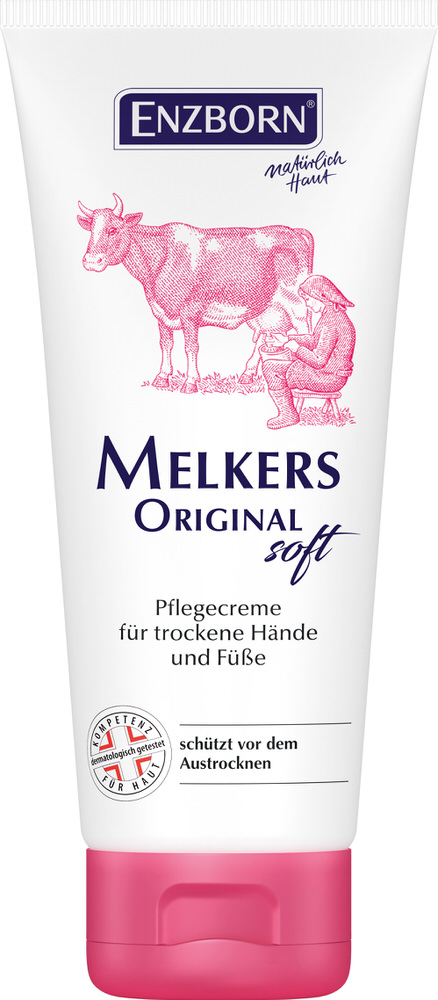 Tube Melkers Original Soft Creme mit Kuh-Motiv. Text: Pflegecreme für trockene Hände und Füße.