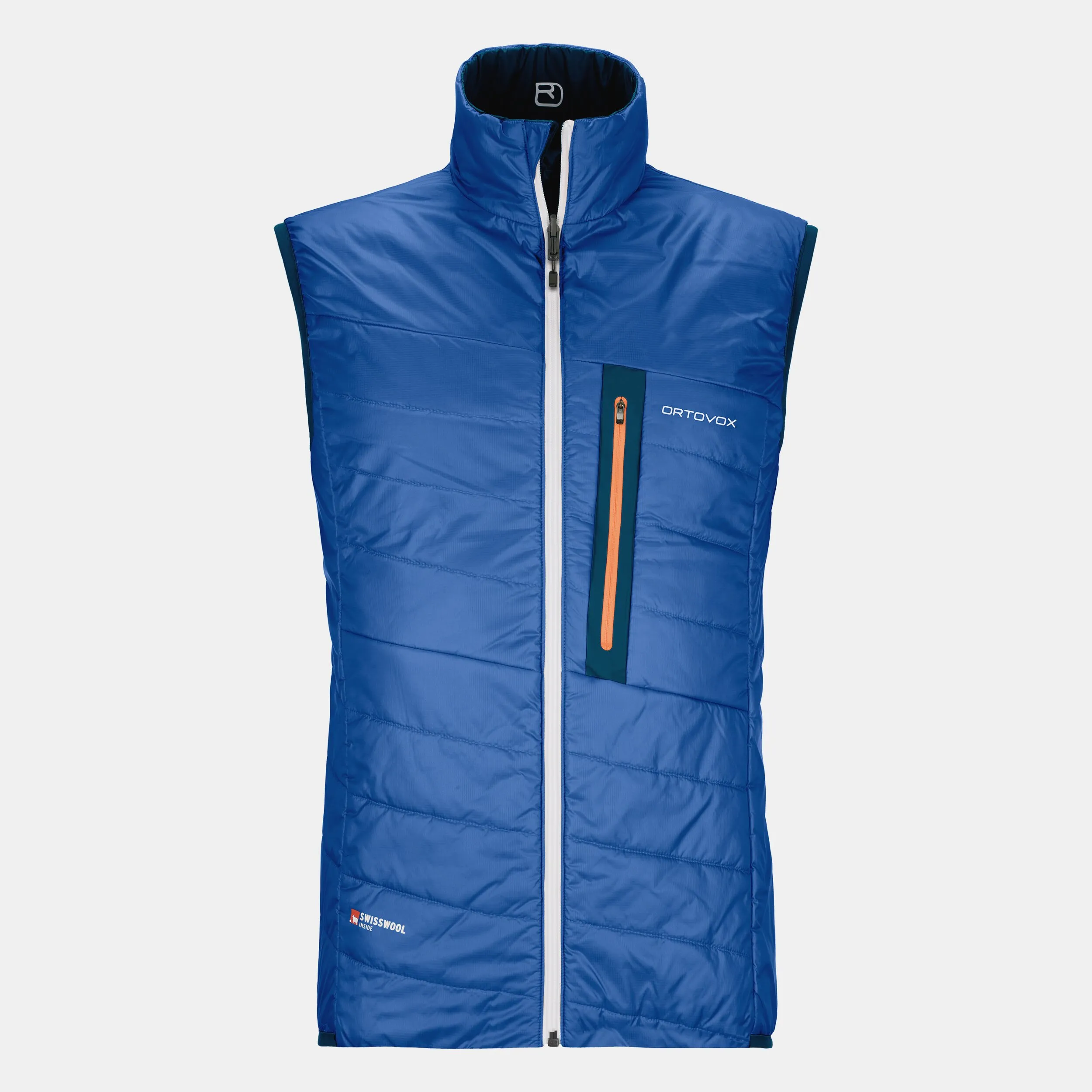 Petrol blue PIZ Cartas vest for men with front zipper and orange breast pocket.