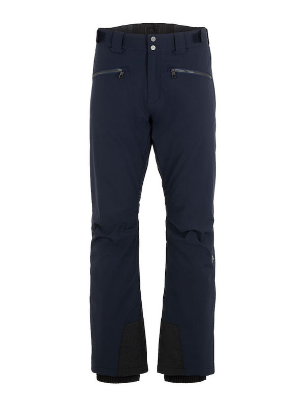 Marineblaue J.Lindeberg Truuli Skihose für Herren, Frontansicht, mit Reißverschlusstaschen und verstärktem Beinabschluss.