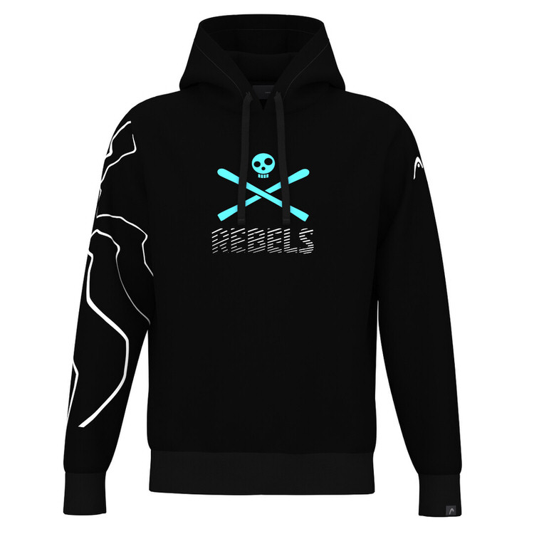 Schwarzer Head WCR Hoodie Unisex mit Kapuze, blauem Totenkopf-Motiv, gekreuzten Skiern und Schriftzug "REBELS".