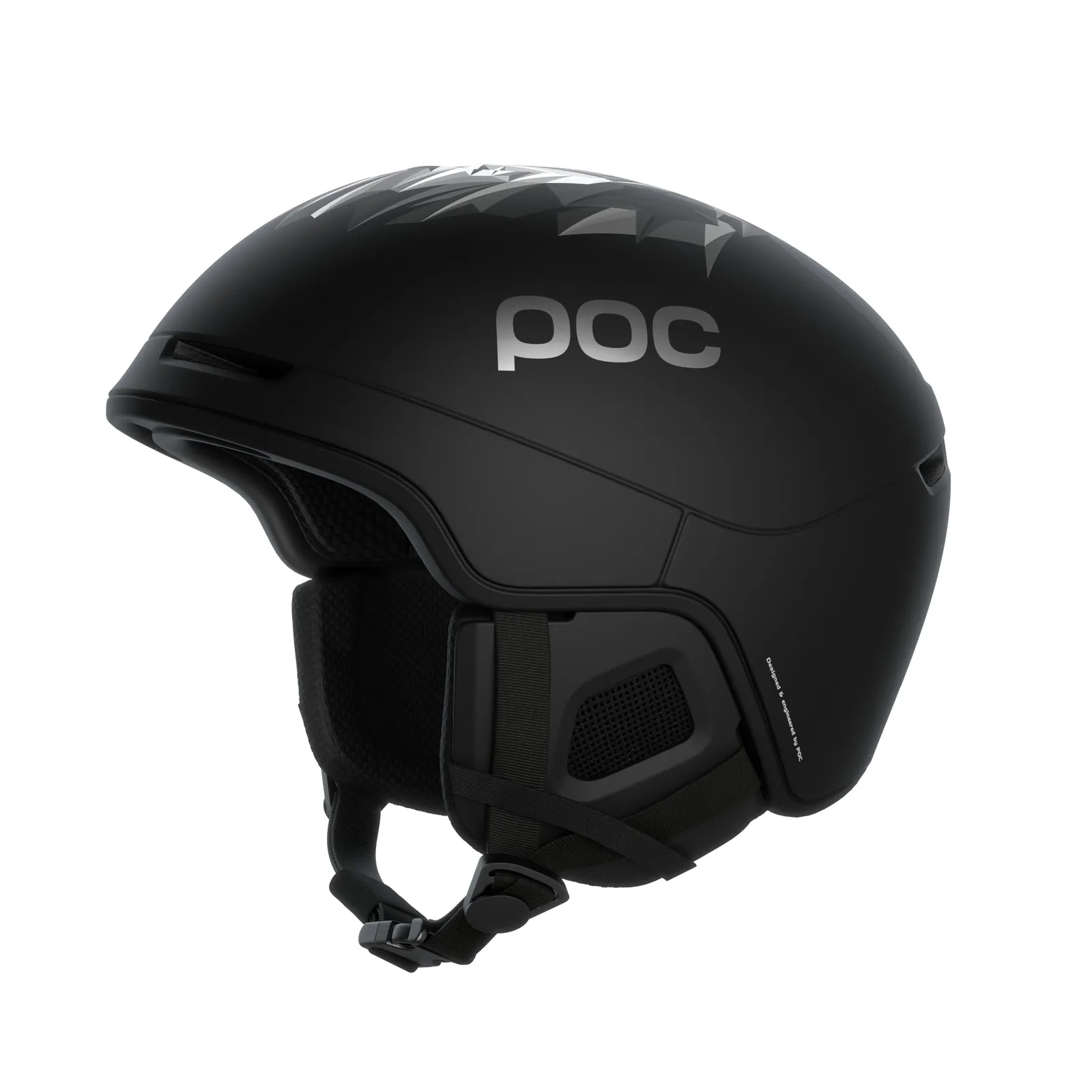 Black ski helmet "POC Obex Pure Odermatt Ed." with lion pattern and POC logo, side view, chin strap visible.
