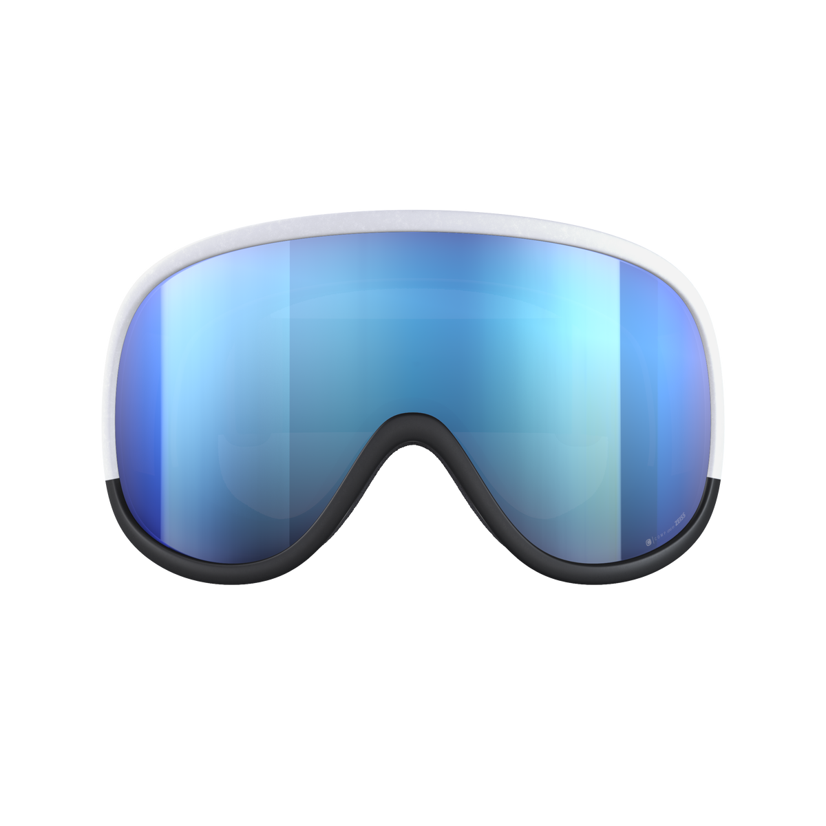 POC Retina Race WF Skibrille Frontansicht der POC Retina Race WF Skibrille mit blau verspiegelter Clarity Scheibe und weißem Rahmen.