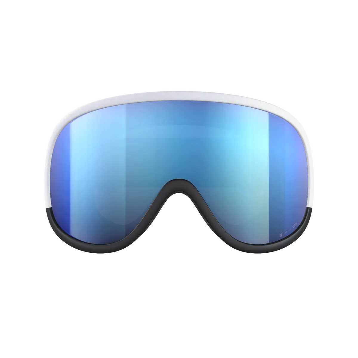 Front view of the POC Retina Race WF ski goggles with blue mirrored Clarity lens and white frame.
