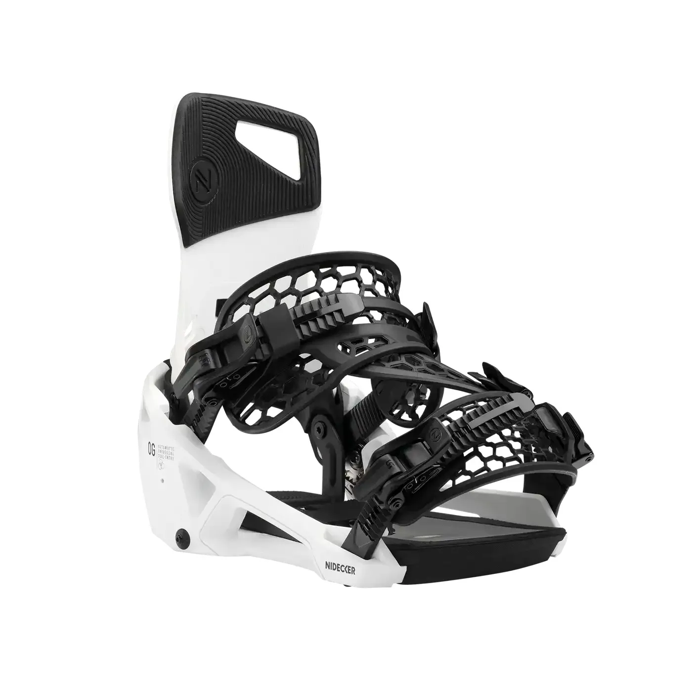 Attacco da snowboard di Nidecker in bianco e nero, con cinghie e dorso alto, vista laterale.