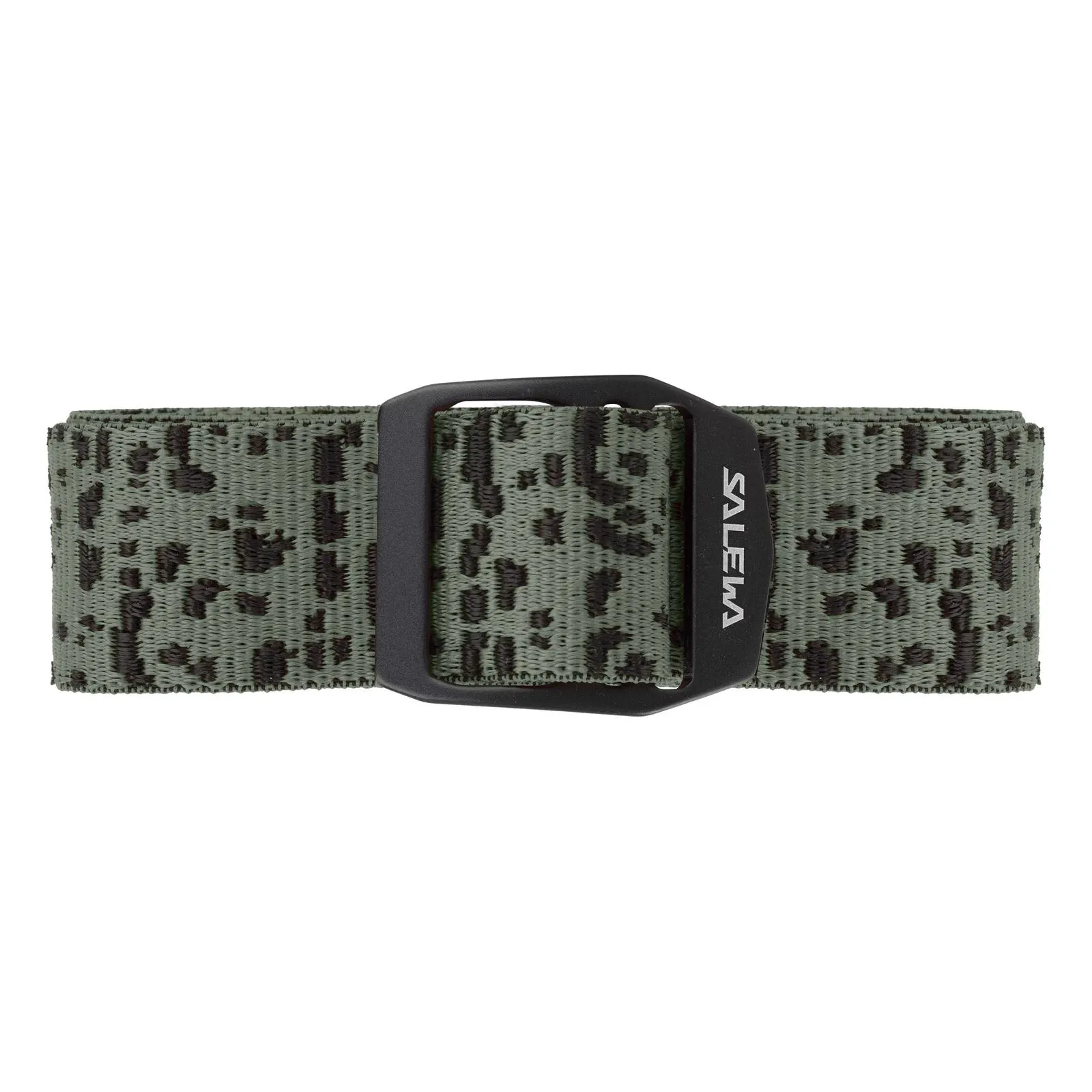 Cintura per pantaloni Cintura elastica in verde salamandra con fibbia nera e macchie scure su sfondo verde.