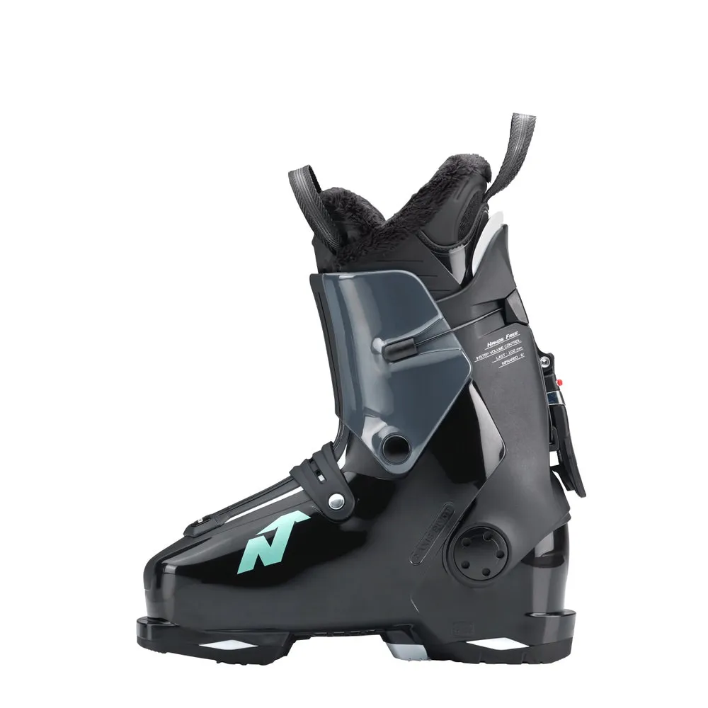 Black Nordica Ski boot HF 85W GW with green logo in side view on white background.