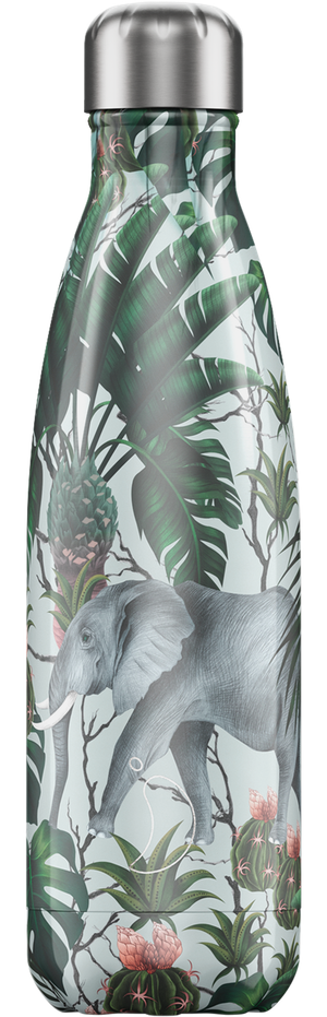 Gourde avec motif tropical : éléphant, feuilles, ananas, cactus et couvercle argenté.