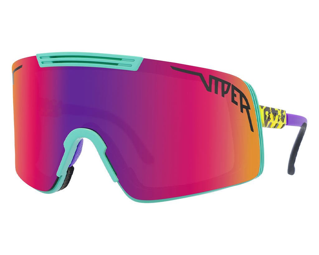 Sonnenbrille, The Shabooms Synthesizer, mit pink-lila Revo-Gläsern und Rahmen in Türkis. Bügel gelb-schwarz gemustert, schwarz abgesetzt.