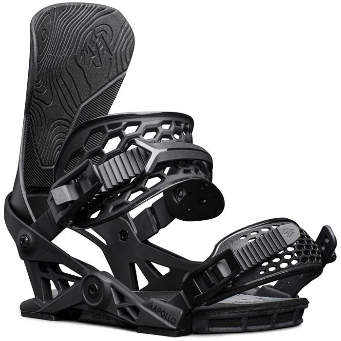 Black Jones Apollo snowboard binding with highback, ankle and toe straps, side details.