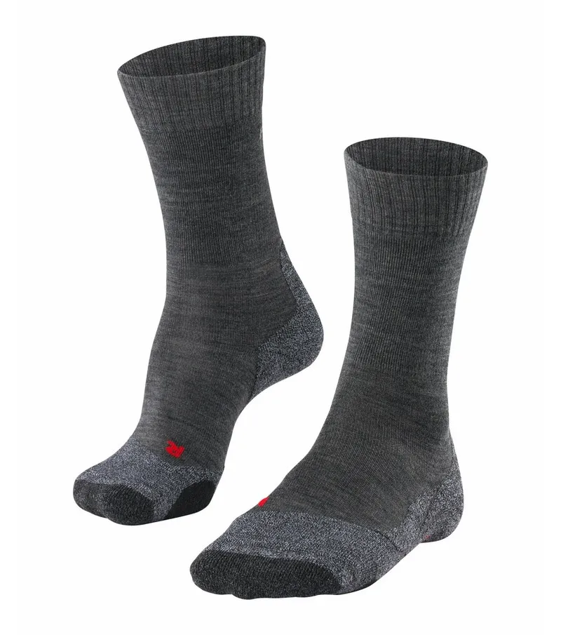 Gray TK2 women's trekking socks, medium length, with red logo detail.