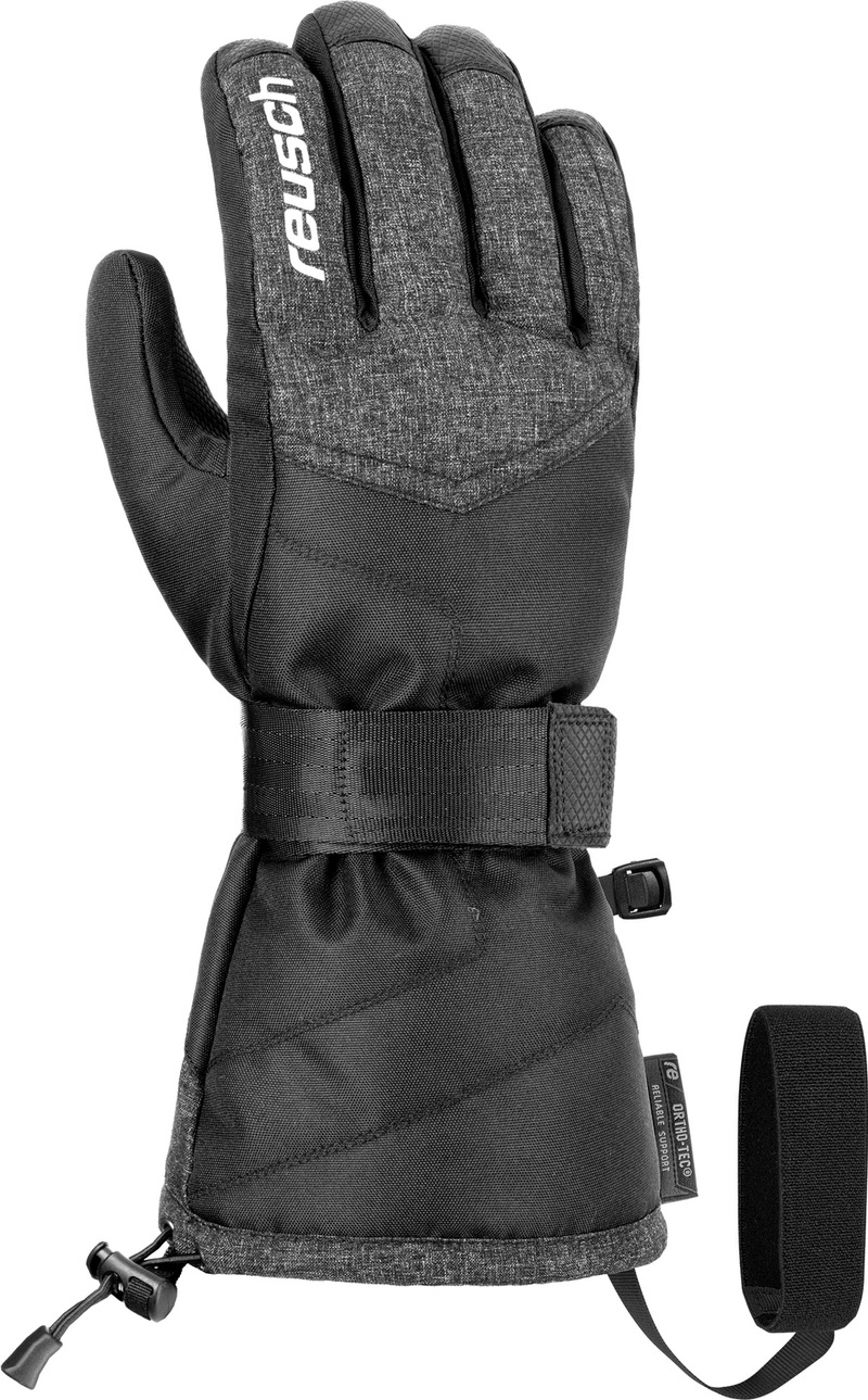 Schwarzer Reusch Snowboard Junior Handschuh mit Handgelenksband und langem Schaft. Reusch Logo auf dem Handrücken.