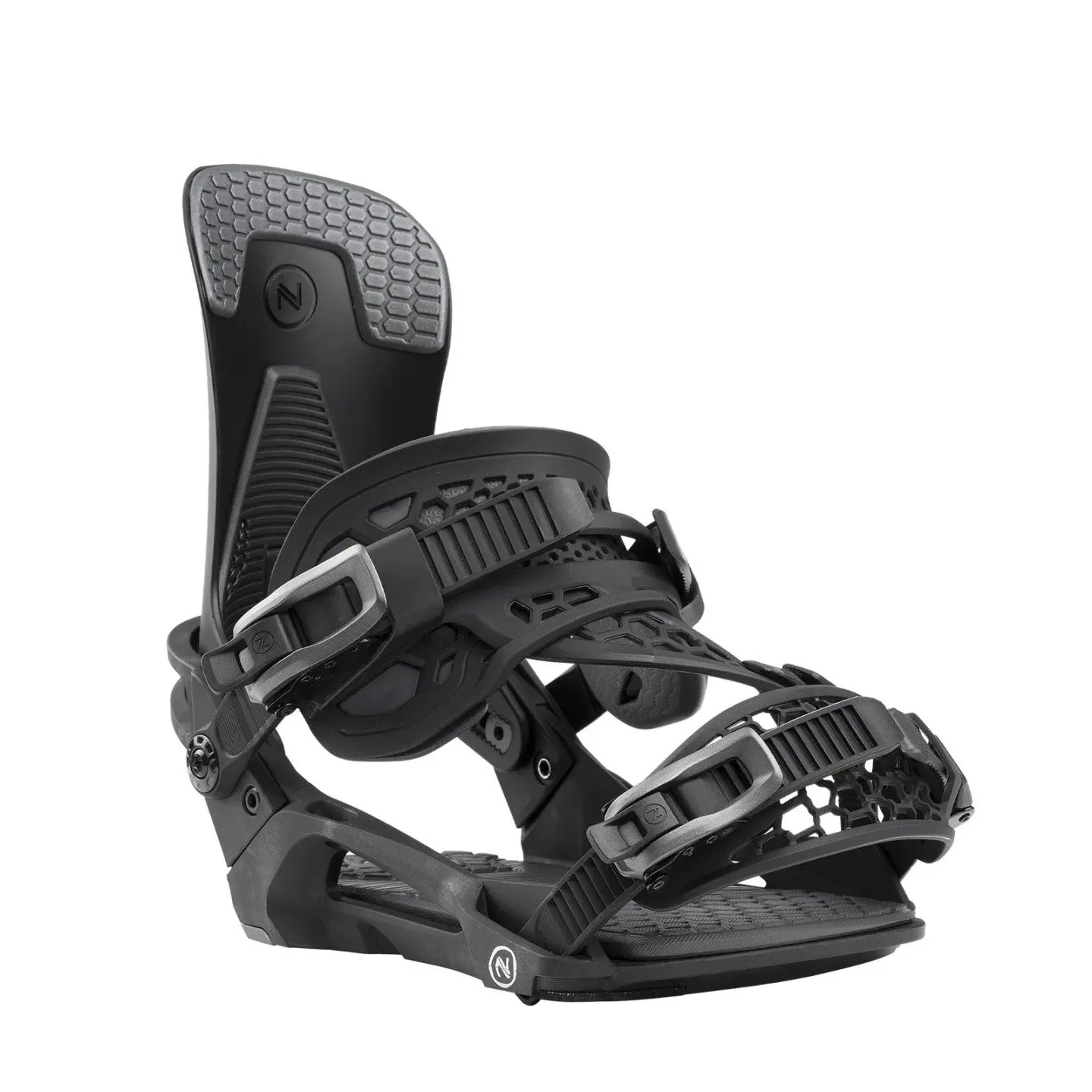 Attacco da snowboard Nidecker Kaon Plus nero, in posizione laterale. Sono visibili i dettagli come l'highback, le cinghie e le fibbie.