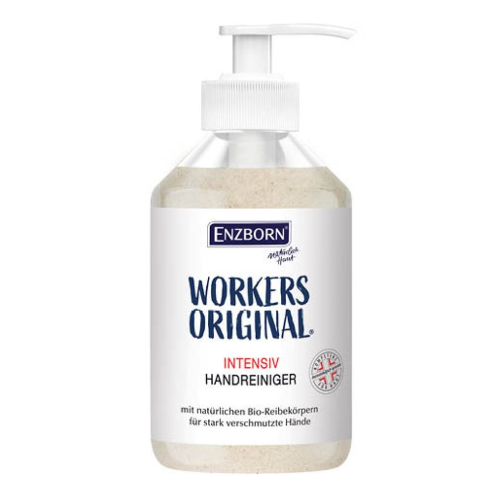 Une bouteille en plastique transparent avec une tête de distribution blanche, remplie de nettoyant pour les mains de la marque "Enzborn Workers Original".
