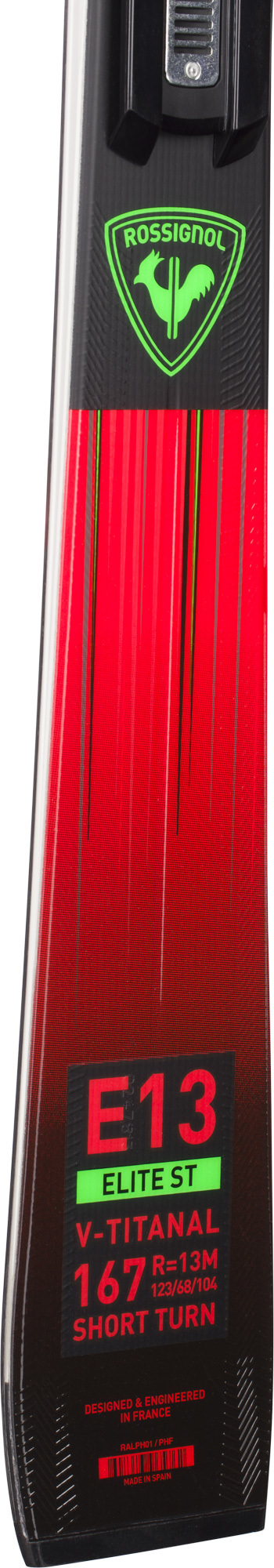 Detailaufnahme eines Rossignol Hero Elite ST TI Skis mit roten Streifen und technischen Daten.