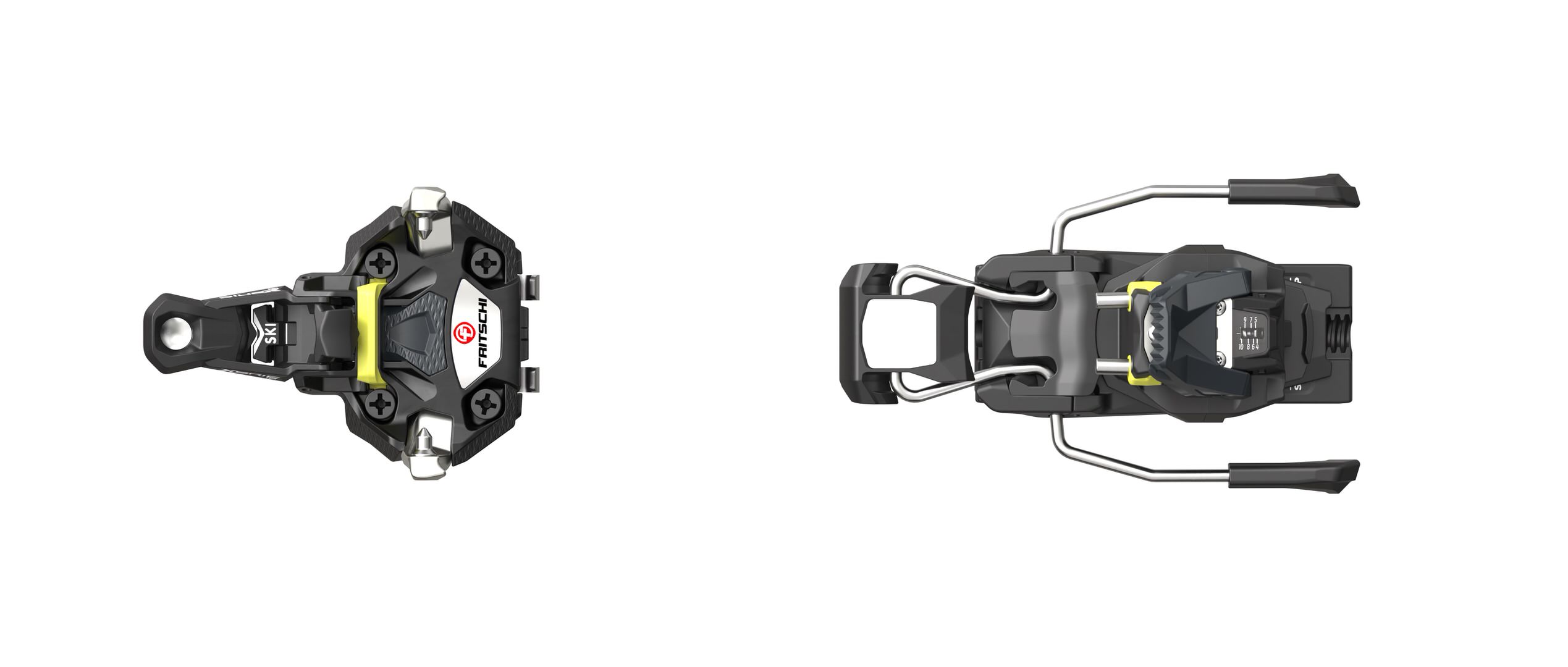 Fritschi Xenic 10 Bindung Draufsicht der Fritschi Xenic 10 Tourenbindung in Schwarz und Gelb. Links die Fronteinheit und rechts die Ferseneinheit auf weißem Grund.