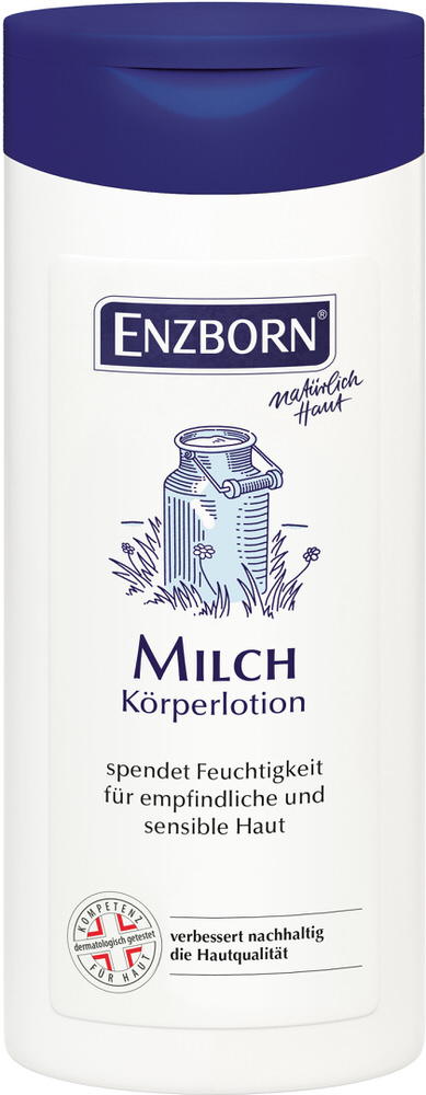 Weiße Flasche Milch Körperlotion mit blauem Deckel und blauem Etikett.