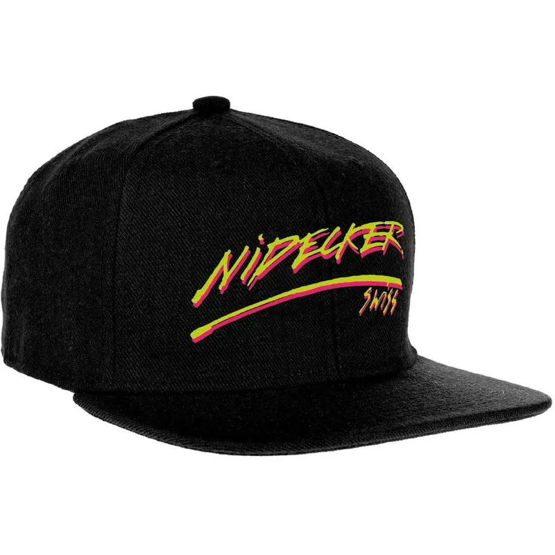 Black Nidecker cap with neon-colored logo lettering.
