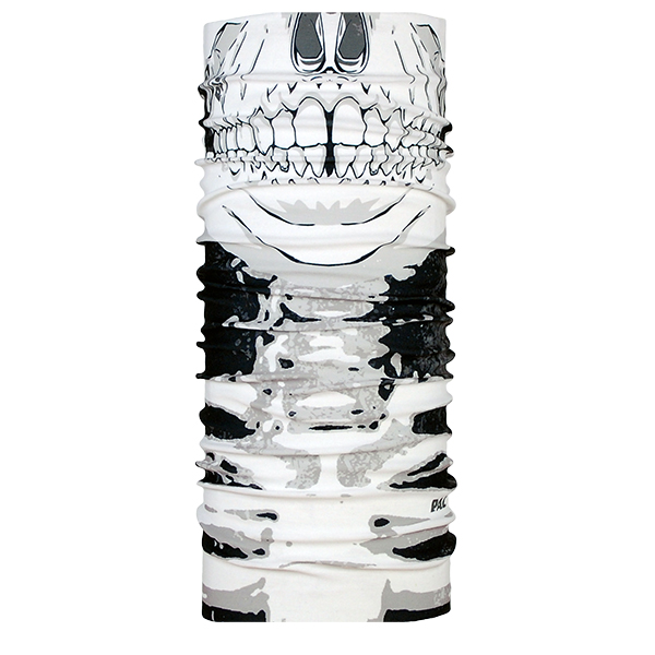 Ein weißes, gerolltes P.A.C. Facemask Halstuch mit einem stilisierten Totenkopf-Motiv in Schwarz und Grau.
