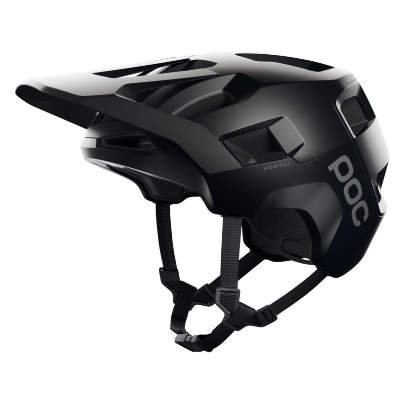 Schwarzer POC Kortal Fahrradhelm mit Visier und Kinnriemen, seitliche Logo-Platzierung.
