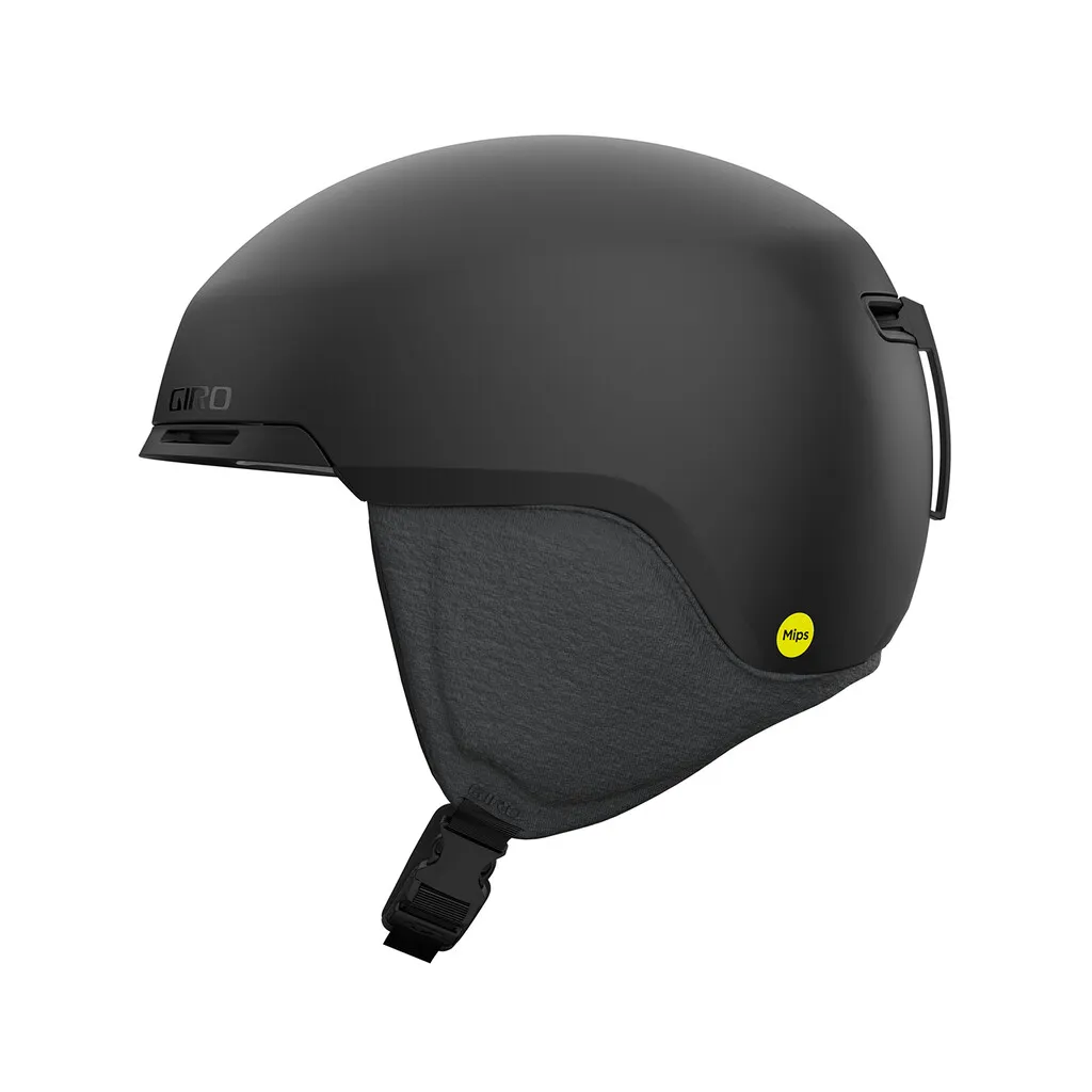 Matt black Giro Tagert MIPS ski helmet, side view, with ear pads and chin strap.