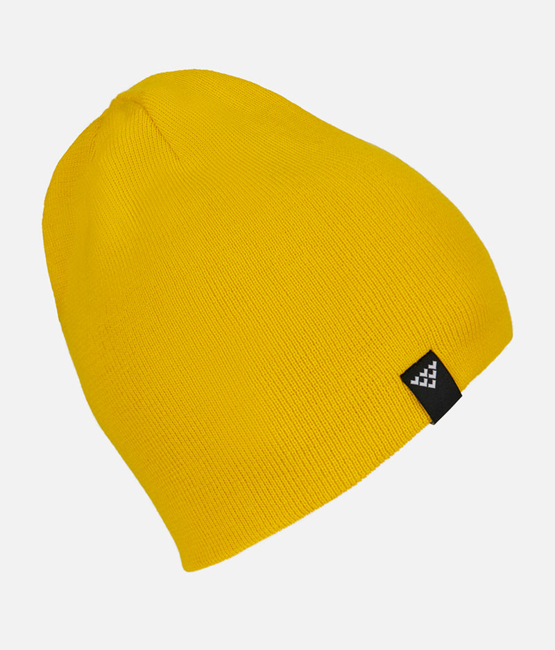 Yellow Black Crows knitted hat with small black logo label.